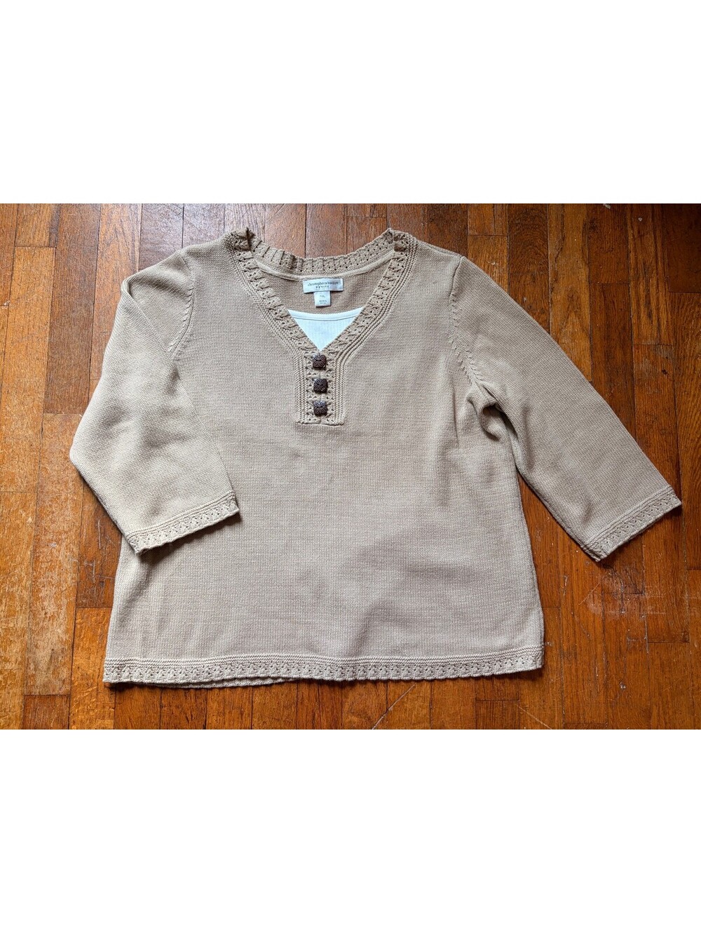 Vintage Christopher & Banks Tan Double Layer 3/4 Sleeve Henley Sweater